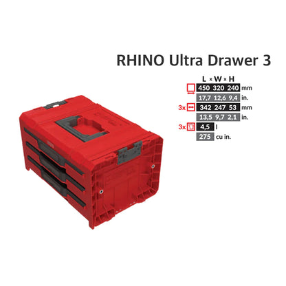 Toolbrothers RHINO L Drawer 3 ULTRA Organize+ Werkzeugkoffer 450 x 310 x 244 mm 13,5 l stapelbar IP54 mit 3 Schubladen