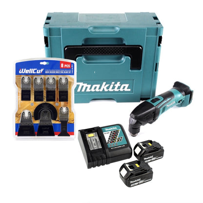 Makita DTM 50 RTJ Akku Multifunktionwerkzeug 18V + 2x Akku 5,0Ah + Ladegerät + WellCut MT-8 8 tlg. Sägeblätter Set + Makpac - Toolbrothers