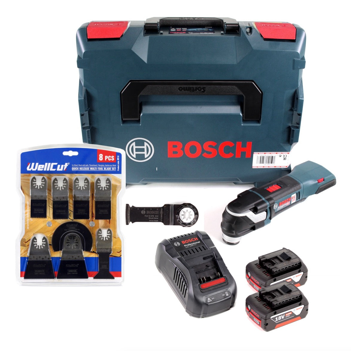 Bosch GOP 18V-28 Akku-Multi-Cutter + 2x Akku 4,0Ah + Ladegerät + WellCut MT-8 8tlg. Sägeblätterset + L-Boxx - Toolbrothers