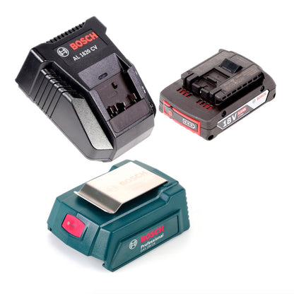 Bosch USB Power Set 18 V mit GAA Professional USB Adapter für 14,4 V / 18 V Akkus + 1x GBA 18V 2,0 Ah Li-Ion Einschub Akku + 1x Schnell Ladegerät AL 1820 CV - Toolbrothers