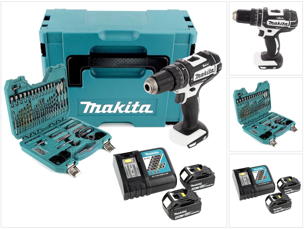 Makita DHP 482 RMJW Akku Schlagbohrschrauber 18 V 62 Nm weiß + 2x Akku 4,0Ah + Ladegerät + 100 tlg. Bit & Bohrer Set + Makpac - Toolbrothers