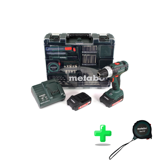 Metabo BS 18 L Set Akku Bohrschrauber 18 V 50 Nm ( 602321870 ) + 2x Akku 2,0 Ah + Ladegerät + Bit Bohrer Set + Koffer + Metabo Maßband 5 Meter