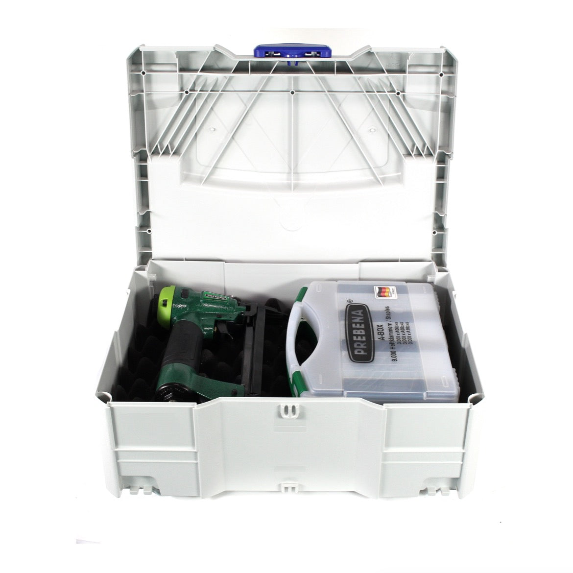 Prebena 1XR-A16 Luftdruck Druckluftnagler im Transportkoffer + A-BOX 9.000 Heftklammern / Staples  im Tanos Systainer® - Toolbrothers