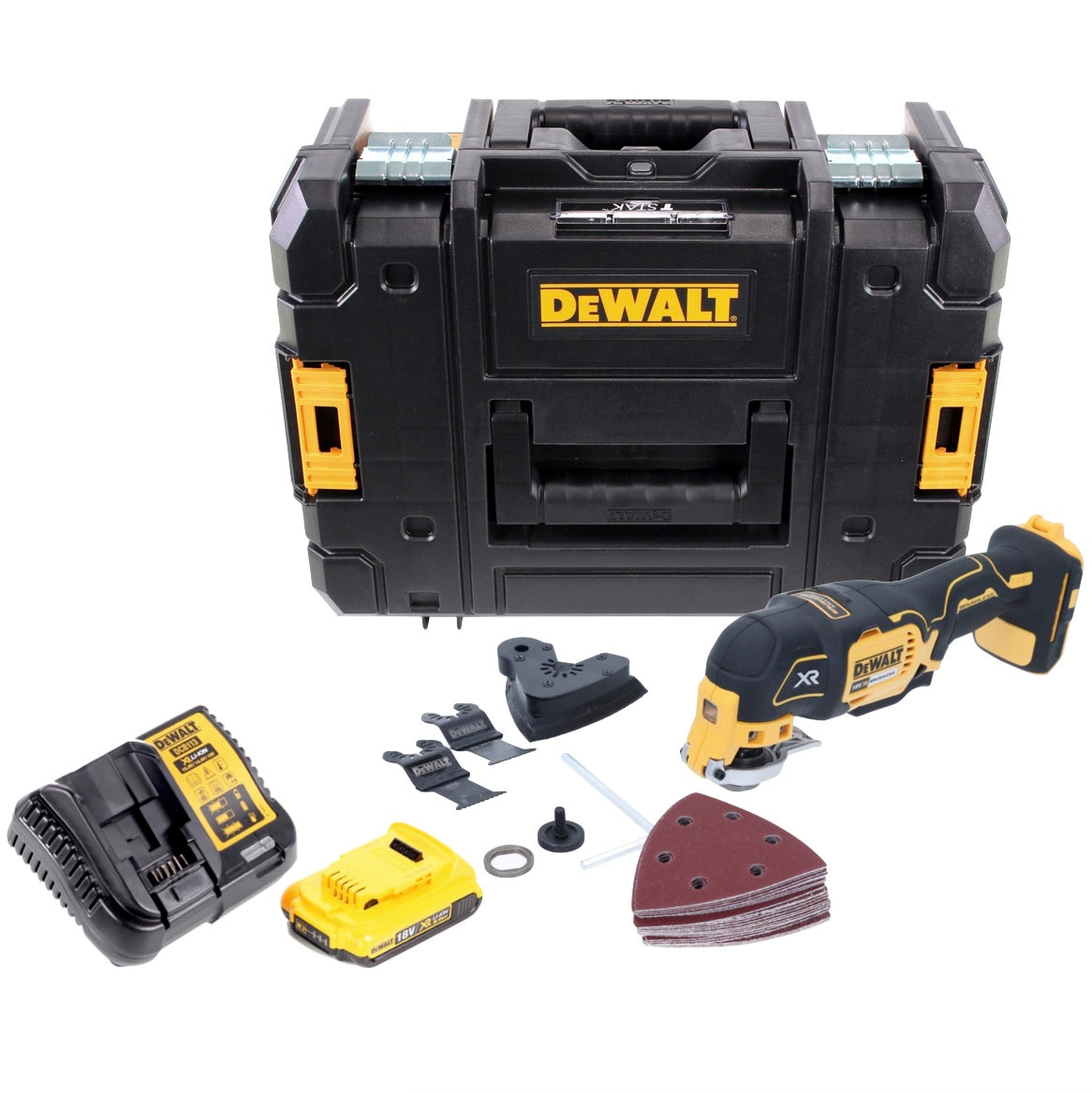 DeWalt DCS 355 D1 Akku Oszillierer Multitool 18 V Brushless + 1x Akku 2,0 Ah + Ladegerät + 29 tlg. Zubehör + TSTAK - Toolbrothers