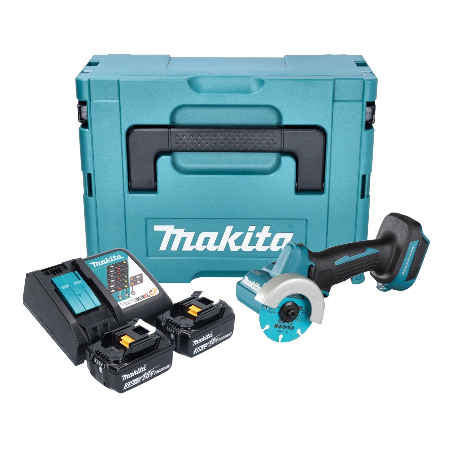 Meuleuse d'angle sur batterie Makita DMC 300 RFJ 18 V 76 mm sans balais + 2x batteries 3,0 Ah + chargeur + Makpac