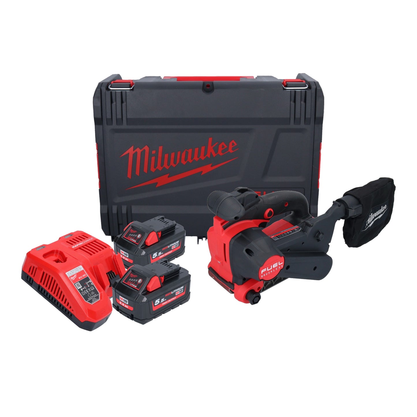 Milwaukee M18 FBTS75-552X Akku Bandschleifer 18 V 75 x 457 mm Brushless + 2x Akku 5,5 Ah + Ladegerät + HD Box