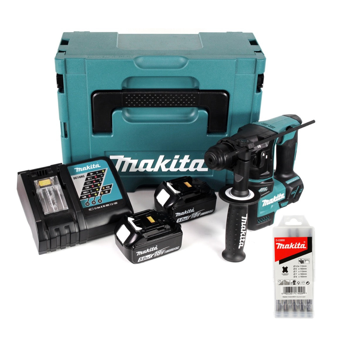 Makita DHR 171 RTJ 18 V 2-stufig Brushless Akku Bohrhammer SDS Plus + 2x Akku 5,0Ah + Ladegerät + 5 tlg. Hartmetall Bohrer Set + Makpac - Toolbrothers