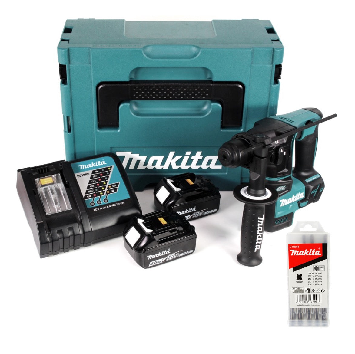 Makita DHR 171 RMJ 18 V 2-stufig Brushless Akku Bohrhammer SDS Plus + 2x Akku 4,0Ah + Ladegerät + 5 tlg. Hartmetall Bohrer Set + Makpac - Toolbrothers