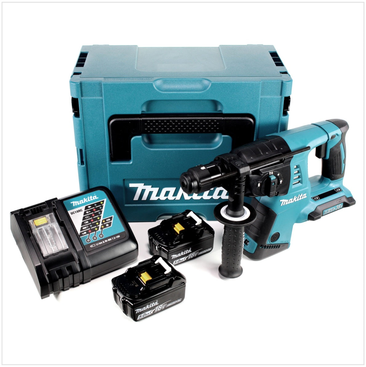 Makita DHR 264 2 x 18 V / 36 V Li-Ion SDS Plus Akku-Bohrhammer in Makpac 4 mit Einlage + 2 x BL 1850 B 18 V 5,0 Ah Li-Ion Akku + 1 x DC18RC Ladegerät + 5 tlg. Hartmetall Bohrer Set für Mauerwerk und Beton - Toolbrothers