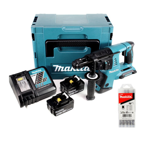 Makita DHR 264 2 x 18 V / 36 V Li-Ion SDS Plus Akku-Bohrhammer in Makpac 4 mit Einlage + 2 x BL 1850 B 18 V 5,0 Ah Li-Ion Akku + 1 x DC18RC Ladegerät + 5 tlg. Hartmetall Bohrer Set für Mauerwerk und Beton - Toolbrothers