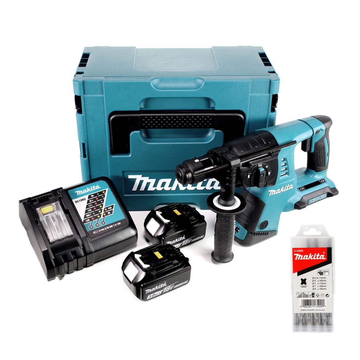 Makita DHR 263 RFJ 2x18V / 36 V SDS-Plus Akku Bohrhammer mit 2 x 3,0 Ah Akku + Ladegerät im Makpac 4 + 5 tlg. Hartmetall Bohrer Set für Mauerwerk und Beton - Toolbrothers