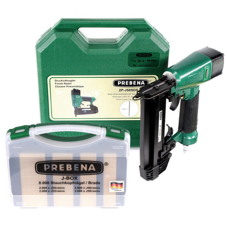 Prebena 2P-J50SDS Luftdruck Druckluftnagler 5-7 bar im Transportkoffer + Prebena J-BOX 8.000 Stauchkopfnägel - Toolbrothers