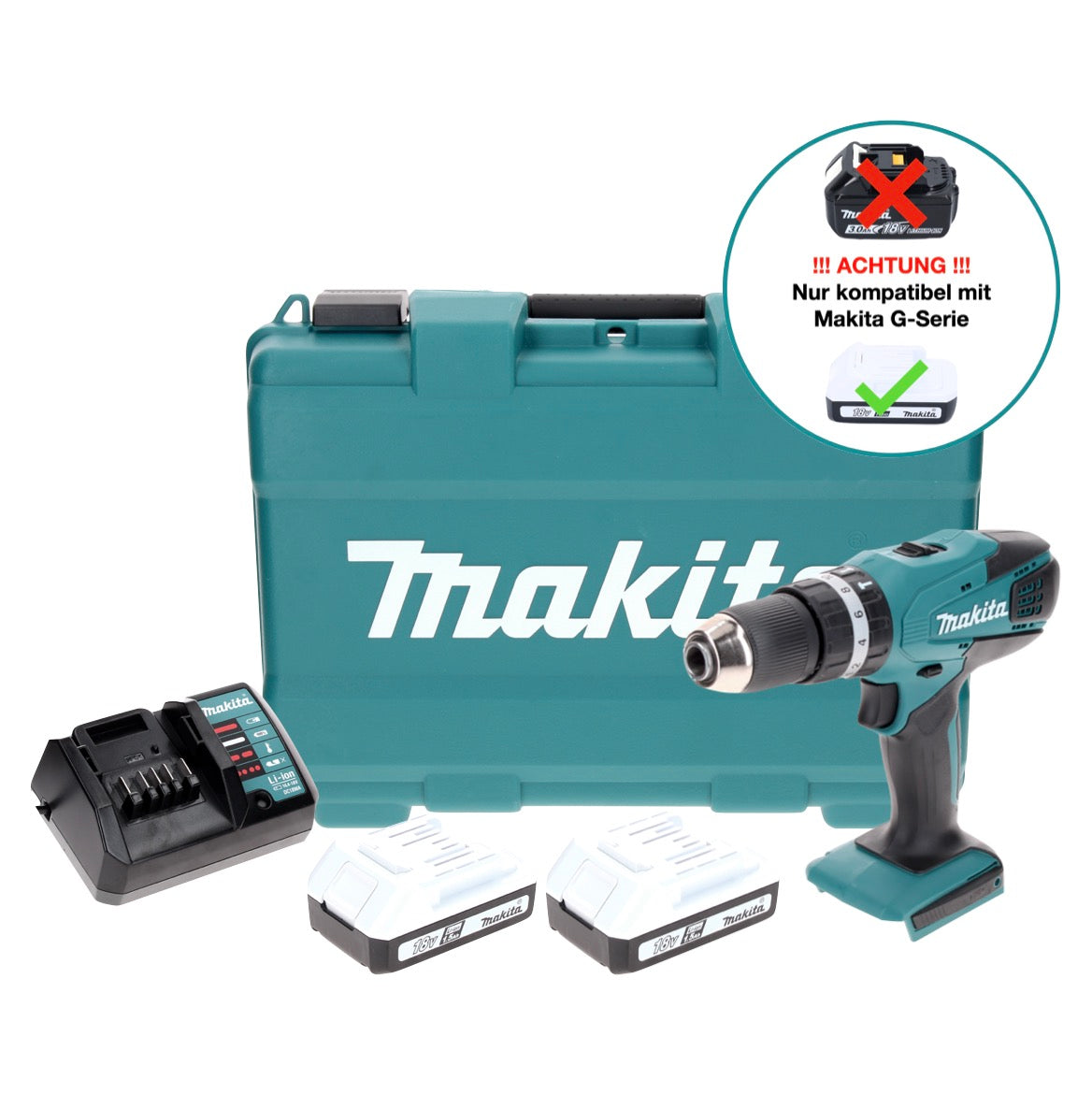 Makita HP 457 DWE Akku Schlagbohrschrauber 18 V 42 Nm + 2x Akku 1,5 Ah + Ladegerät + Koffer - Toolbrothers