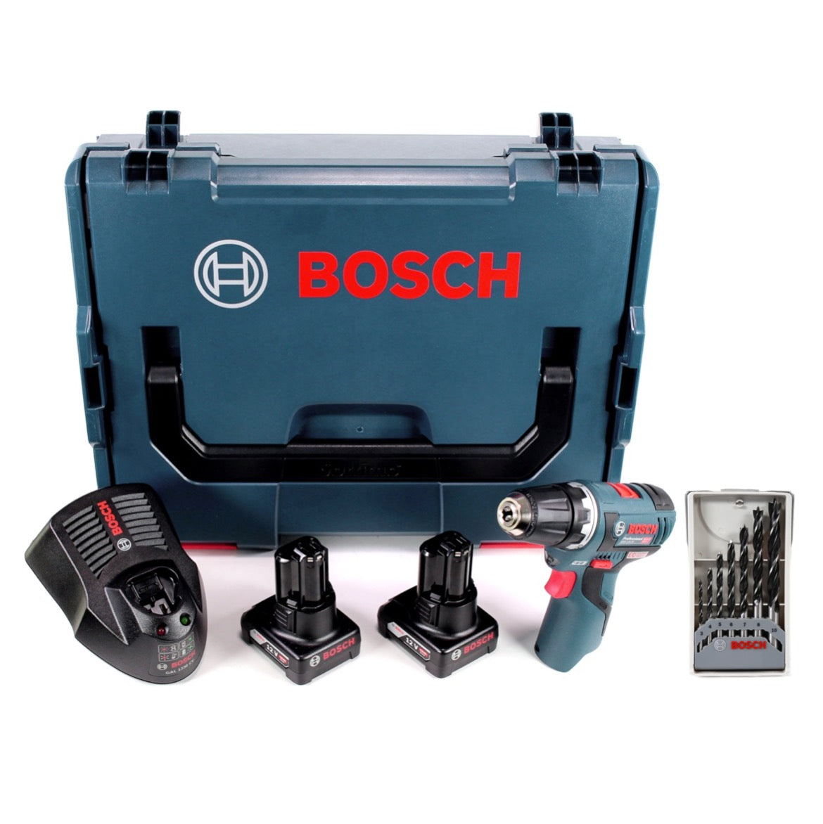 Bosch GSR 12V-20 Professional Akku Bohrschrauber Brushless + L-Boxx + 2x Akku 6,0Ah + 1x Ladegerät + 1x Holzbohrer Set - Toolbrothers