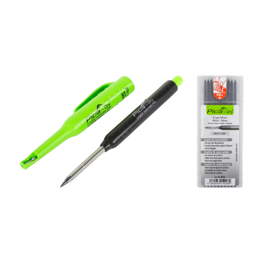 Pica DRY Longlife Automatic Pen Baumarker Tieflochmarker mit Graphitmine + 1 x 10 tlg. wasserlösliches Graphit Ersatzminen-Set - Toolbrothers
