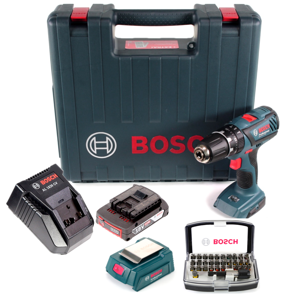 Bosch GSB 18-2-Li Plus Schlagbohrschrauber Professional 18 V im Koffer + 1x GBA 2,0 Ah Akku + Bosch AL 1820 CV Schnellladegerät + Bosch 32 teiliges Bit Set + Bosch USB Ladegerät Adapter für 18V Akkus - Toolbrothers