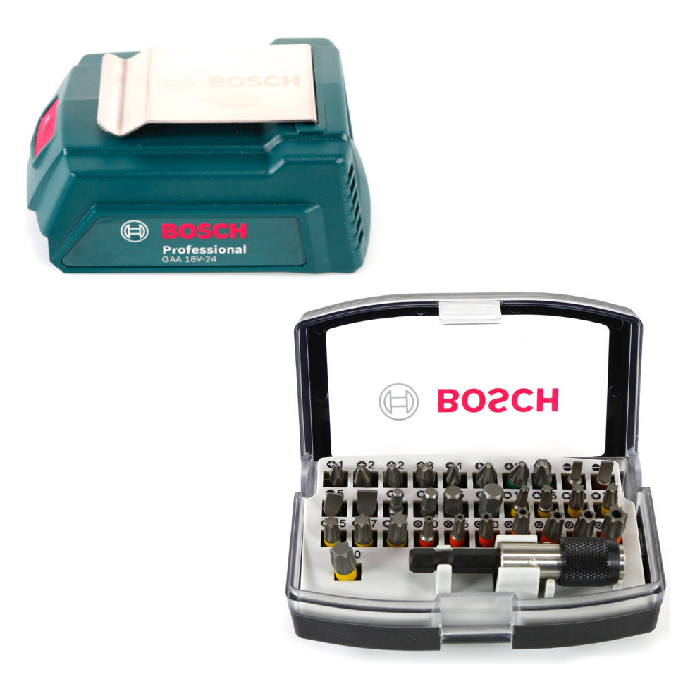 Bosch GSB 18-2-Li Plus Schlagbohrschrauber Professional 18 V im Koffer + 1x GBA 6,0 Ah Akku + Bosch GAL 1880 CV Schnellladegerät + Bosch 32 teiliges Bit Set + Bosch USB Ladegerät Adapter für 18V Akkus - Toolbrothers