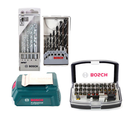 Bosch GSB 18-2-Li Plus Schlagbohrschrauber Professional 18 V im Koffer + 2x GBA 6,0 Ah Akku + Schnellladegerät + 32 tlg. Bit Set + 5 tlg Steinbohrer Set + 7 tlg. Holzbohrer Set  + USB Adapter - Toolbrothers