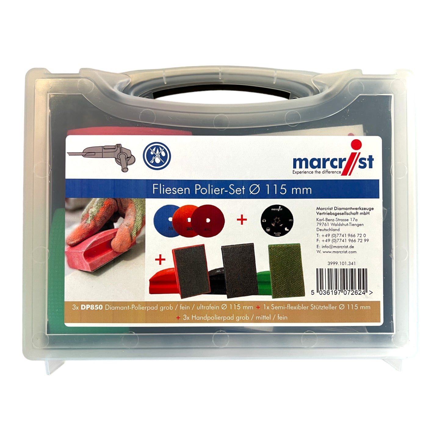 Kit de polissage pour carrelage Marcrist 115 mm + 1x plaque de support Velcro + 3x disques diamantés Velcro + 3x tampon de polissage manuel (3999.101.341) + étui