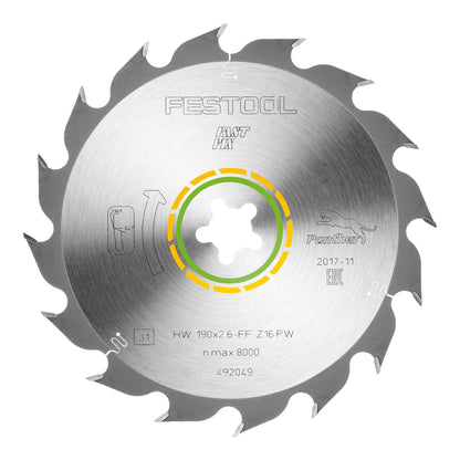 Lame de scie circulaire Festool HW 190x2,6 FF PW16 WOOD RIP CUT 4 pièces (4x 492049) 190 x 2,6 mm 16 dents pour coupes longitudinales dans le bois massif dans le sens du fil