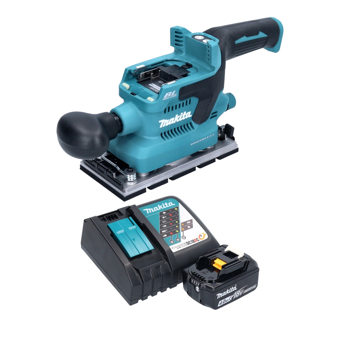 Makita DBO 380 RM1 Akku Schwingschleifer 18 V 93 x 185 mm Brushless + 1x Akku 4,0 Ah + Ladegerät