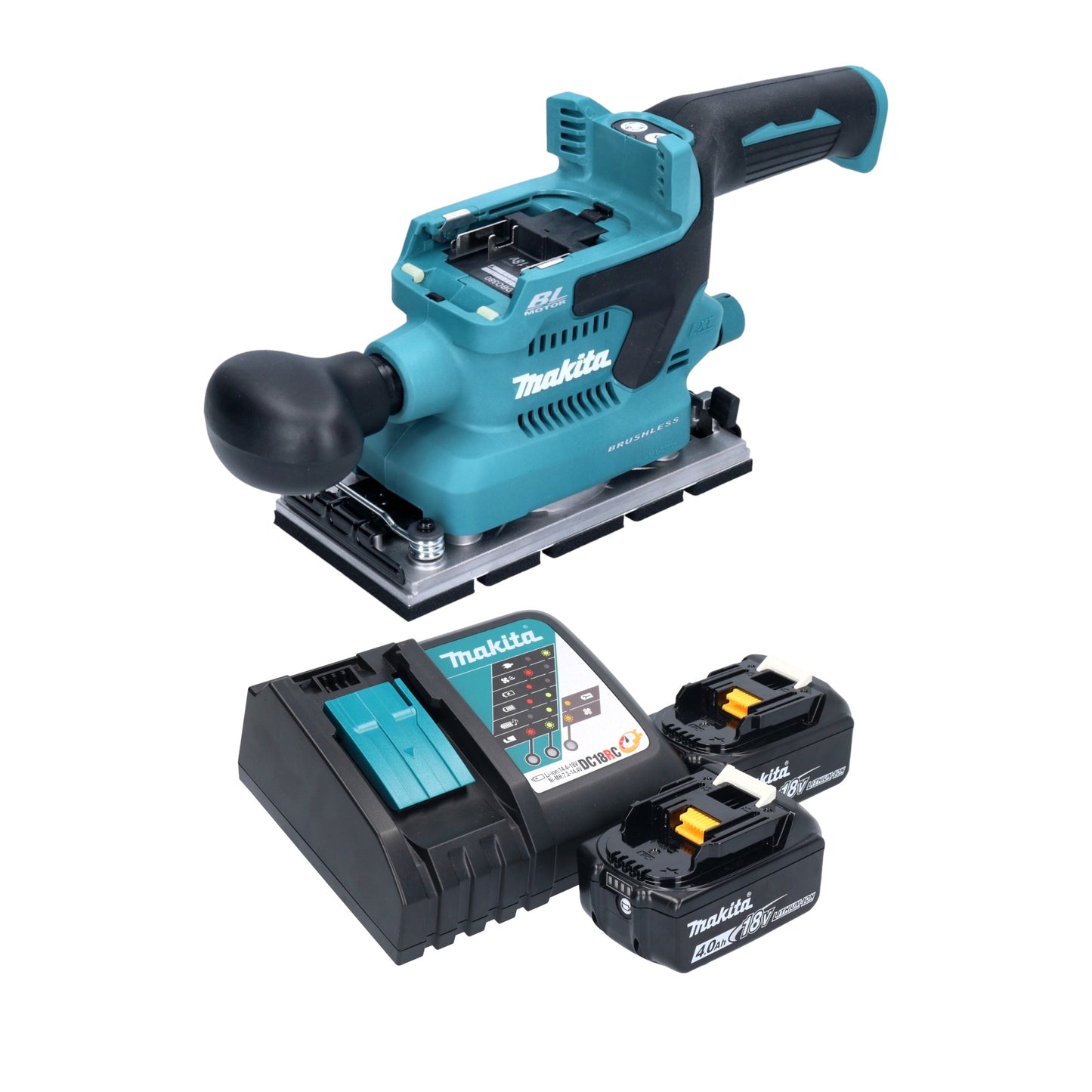 Makita DBO 380 RM Akku Schwingschleifer 18 V 93 x 185 mm Brushless + 2x Akku 4,0 Ah + Ladegerät