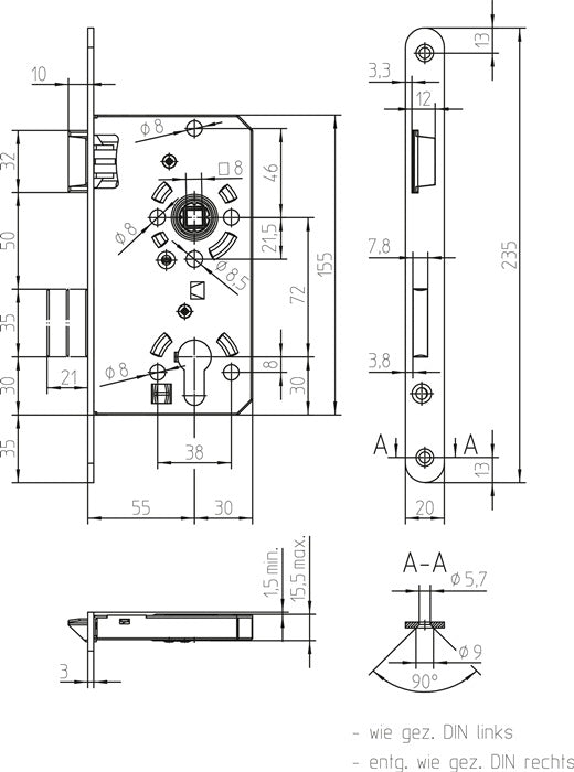 SSF Zimmertür-Einsteckschloss  PZW 20/ 55/72/8 mm DIN links ( 3000251010 )