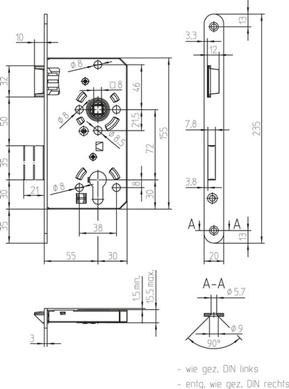 SSF Zimmertür-Einsteckschloss  PZW 20/ 55/72/8 mm DIN links ( 3000251010 )