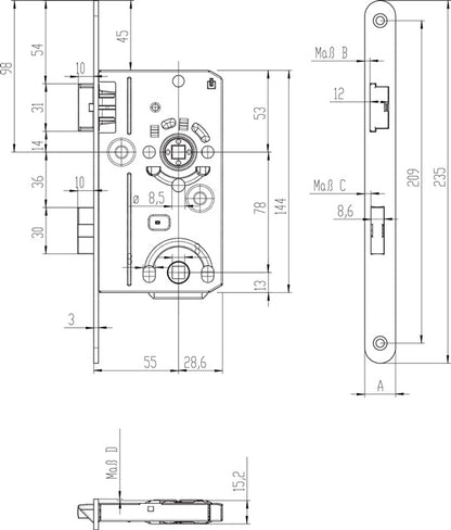 Serrure à mortaiser pour porte de chambre SSF BAD20/55/78/8 mm DIN gauche (3000251029)