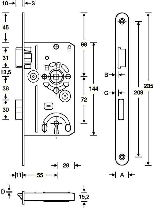 Serrure à mortaiser pour porte de chambre SSF BB 20/55/72/8 mm DIN droite (3000251085)