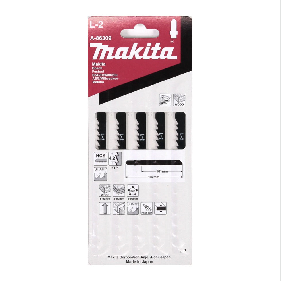 Makita L-2 Stichsägeblätter für Holz - 5 Stück für Stichsägen mit T-Schaft Aufnahme ( A-86309 )