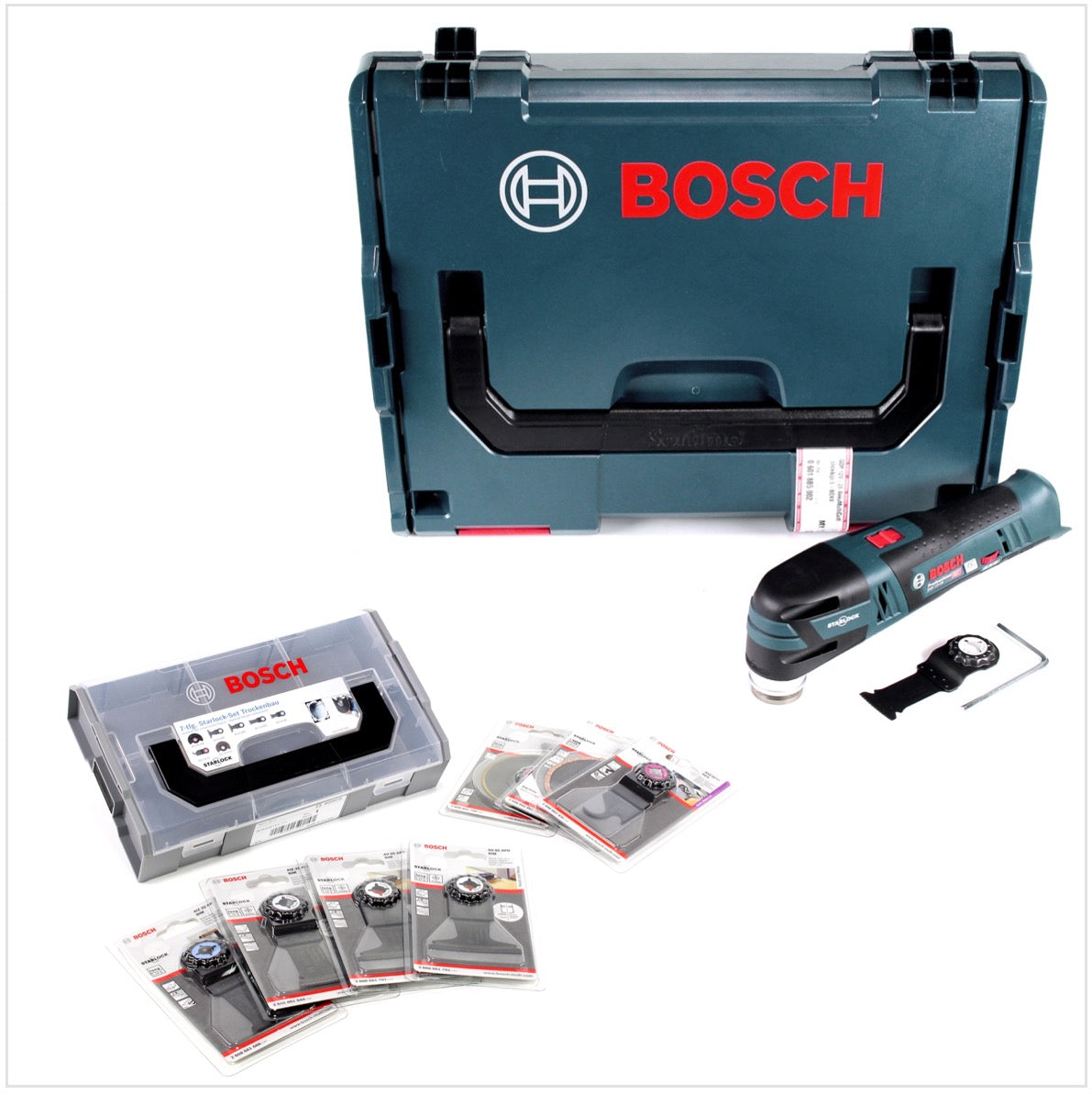 Bosch GOP 12V-28 Professional Akku Multi Cutter 12 V Brushless + Starlock Tauchsägeblatt + OMT Zubehörset Trockenbau 7-tlg + L-Boxx - ohne Akku, ohne Ladegerät - Toolbrothers