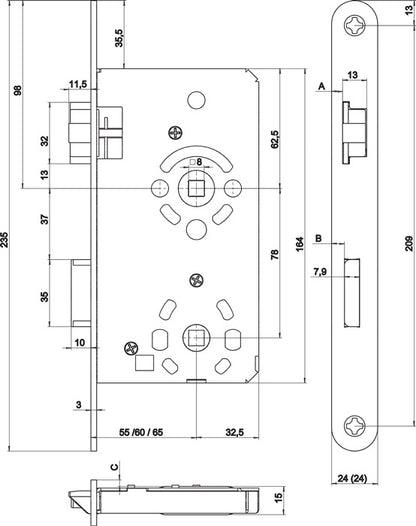 Serrure à mortaiser pour porte de chambre SSF BAD 20/55/78/8 mm DIN droite (3324024317)