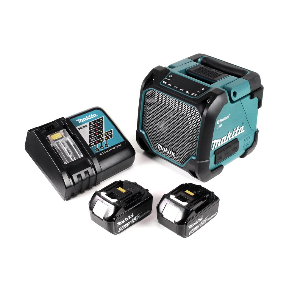 Makita DMR 202 RT Baustellen Lautsprecher 18V - für Akku- und Netzbetrieb, mit Bluetooth-Funktion, AUX-Anschluss, USB-Port, LCD Display + 2x 5,0 Ah Akku + Ladegerät - Toolbrothers