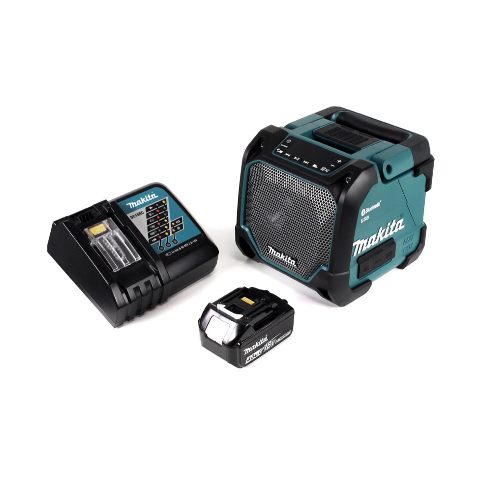 Makita DMR 202 RM1 Baustellen Lautsprecher 18V - für Akku- und Netzbetrieb, mit Bluetooth-Funktion, AUX-Anschluss, USB-Port, LCD Display + 1x 4,0 Ah Akku + Ladegerät - Toolbrothers