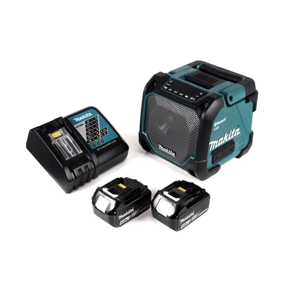 Makita DMR 202 RM Baustellen Lautsprecher 18V - für Akku- und Netzbetrieb, mit Bluetooth-Funktion, AUX-Anschluss, USB-Port, LCD Display + 2x 4,0 Ah Akku + Ladegerät - Toolbrothers