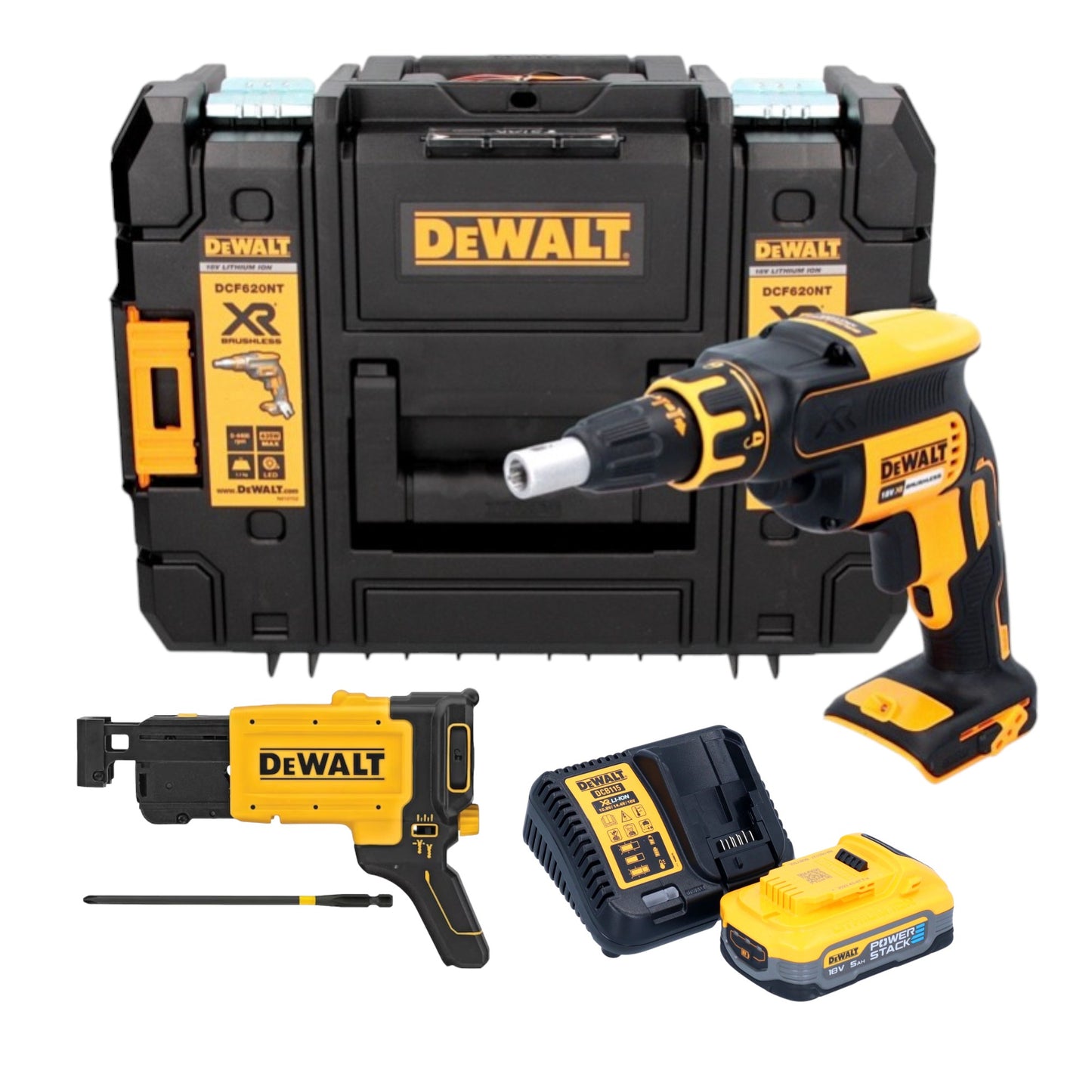 DeWalt DCF 620 H1T Akku Trockenbauschrauber 18 V 30 Nm Brushless + 1x Powerstack Akku 5,0 Ah + Ladegerät + TSTAK