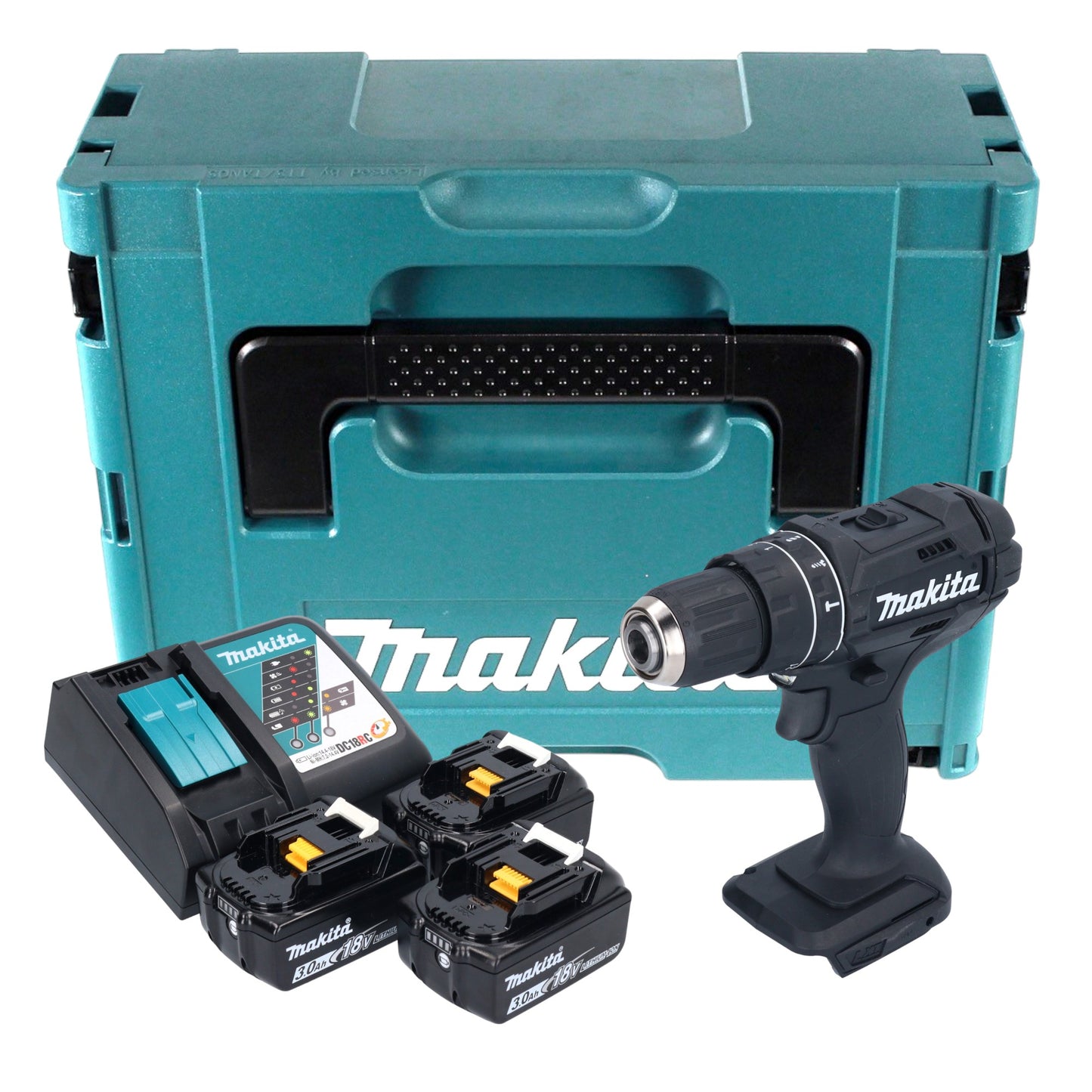 Makita DHP 482 F3JB perceuse à percussion sans fil 18 V 62 Nm noir + 3x batteries 3,0 Ah + chargeur + Makpac