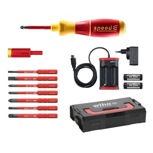 Wiha speedE® Set 2 E-Schraubendreher mit 2x Akku 1,5Ah + Ladegerät + 8x slimBits + TorqueAdapter 2,8Nm + L-Boxx ( 41912 ) - Toolbrothers