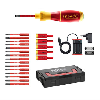 Wiha speedE® elektronischer Schraubendreher - Set 3 in L-Box - 25-teilig mit 2x 1,5 Ah Akku und Ladegerät +  Bits und TorqueAdapter ( 41913 ) - Toolbrothers