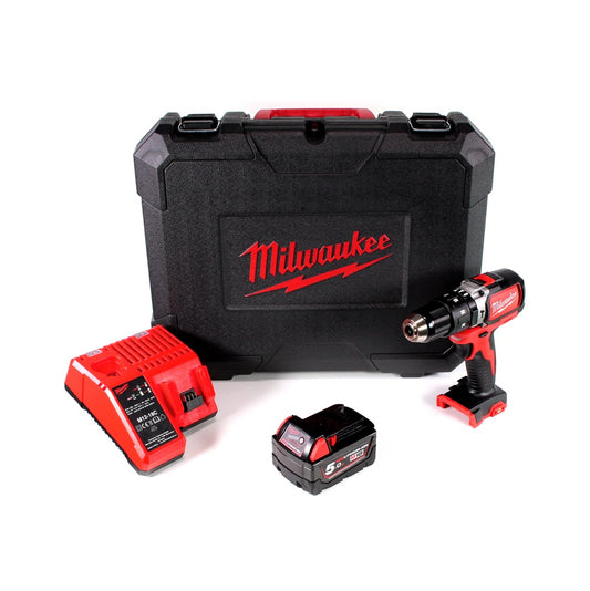 Milwaukee M18 BLPD 501 C Brushless Akku-Schlagbohrschrauber 18V - 13mm Schnellspannbohrfutter + Transportkoffer, Milwaukee M18 B5 Akku 18 V / 5,0 Ah und M12-18C Akku Ladegerät - Toolbrothers