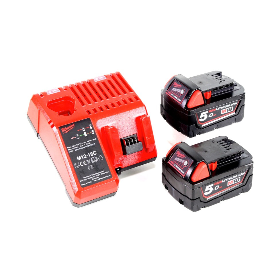 Milwaukee M18 BLPD 502 C Brushless Akku-Schlagbohrschrauber 18V - 13mm Schnellspannbohrfutter + Transportkoffer, 2x Milwaukee M18 B5 Akku 18 V / 5,0 Ah und 1x M12-18C Akku Ladegerät - Toolbrothers