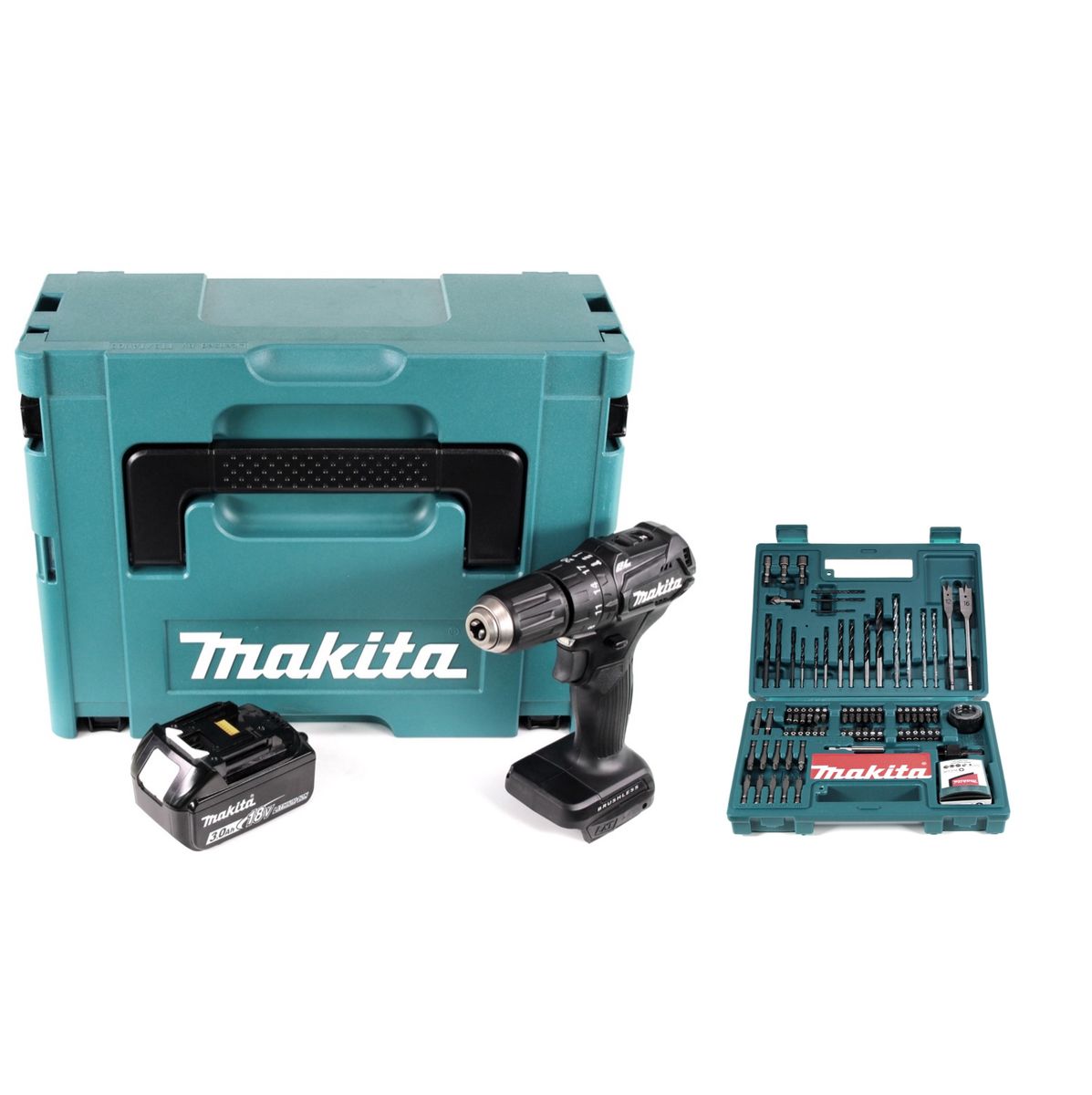 Makita DHP 483 F1JB Akku Schlagbohrschrauber 18 V 40Nm schwarz im Makpac + 1x 3,0Ah Akku + 100tlg. Bit & Bohrer-Set - Toolbrothers