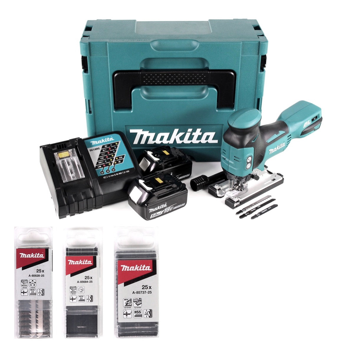 Makita DJV 181 RTJ Akku Pendelhubstichsäge 18V Brushless + 2x Akku 5,0Ah + Ladegerät + 81x Sägeblatt + Makpac - Toolbrothers