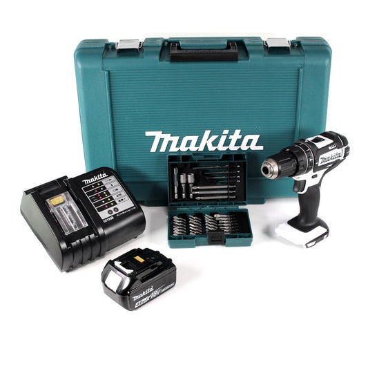 Makita DHP 482 SM1W Akku Schlagbohrschrauber 18 V 62Nm im Transportkoffer + 4,0 Ah Akku + Ladegerät + 38 tlg. Bit- & Bohrer Set - Toolbrothers