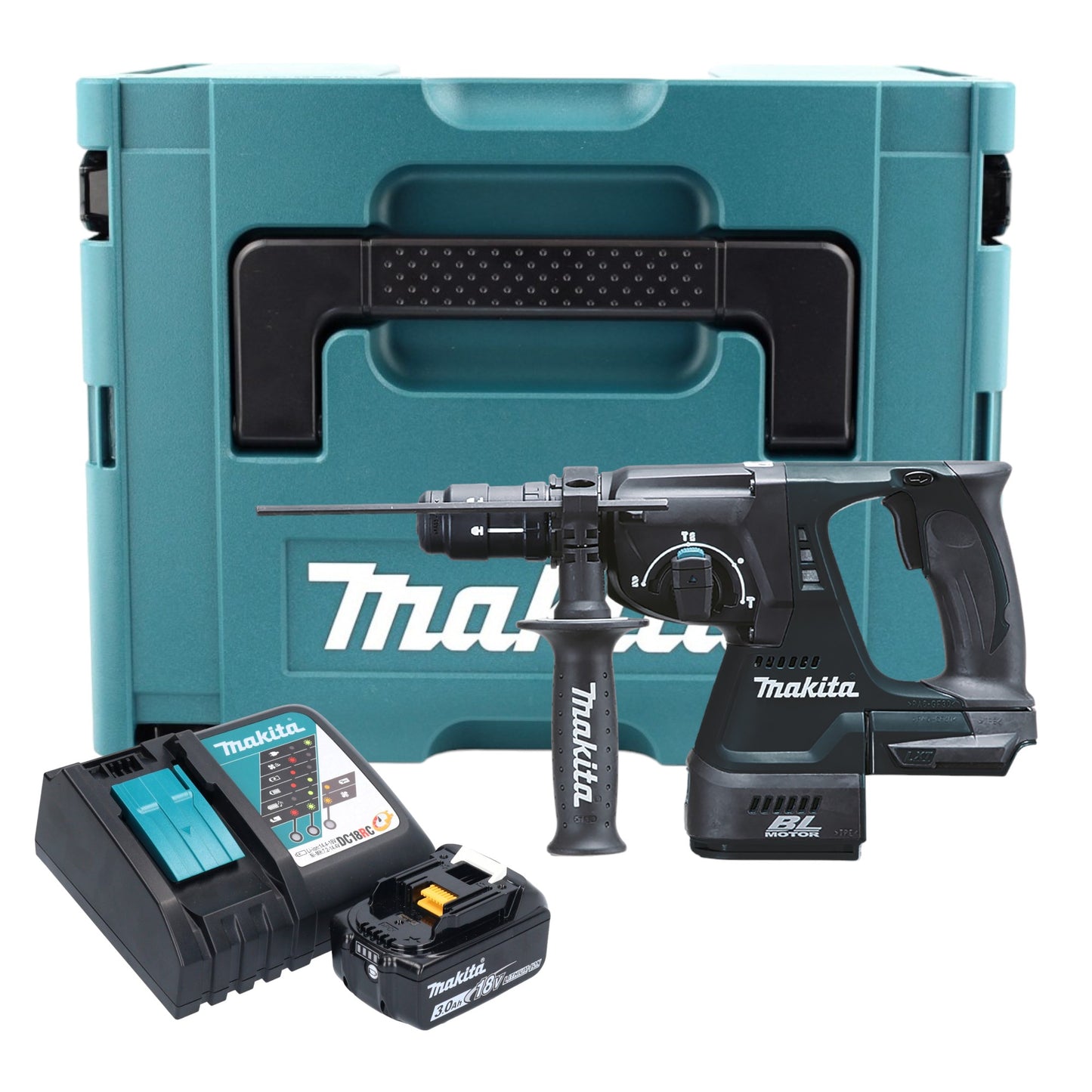 Makita DHR 243 RF1J B marteau combiné à batterie 18 V 2,0 J SDS-Plus noir + 1x batterie 3,0 Ah + chargeur + mandrin à changement rapide + Makpac