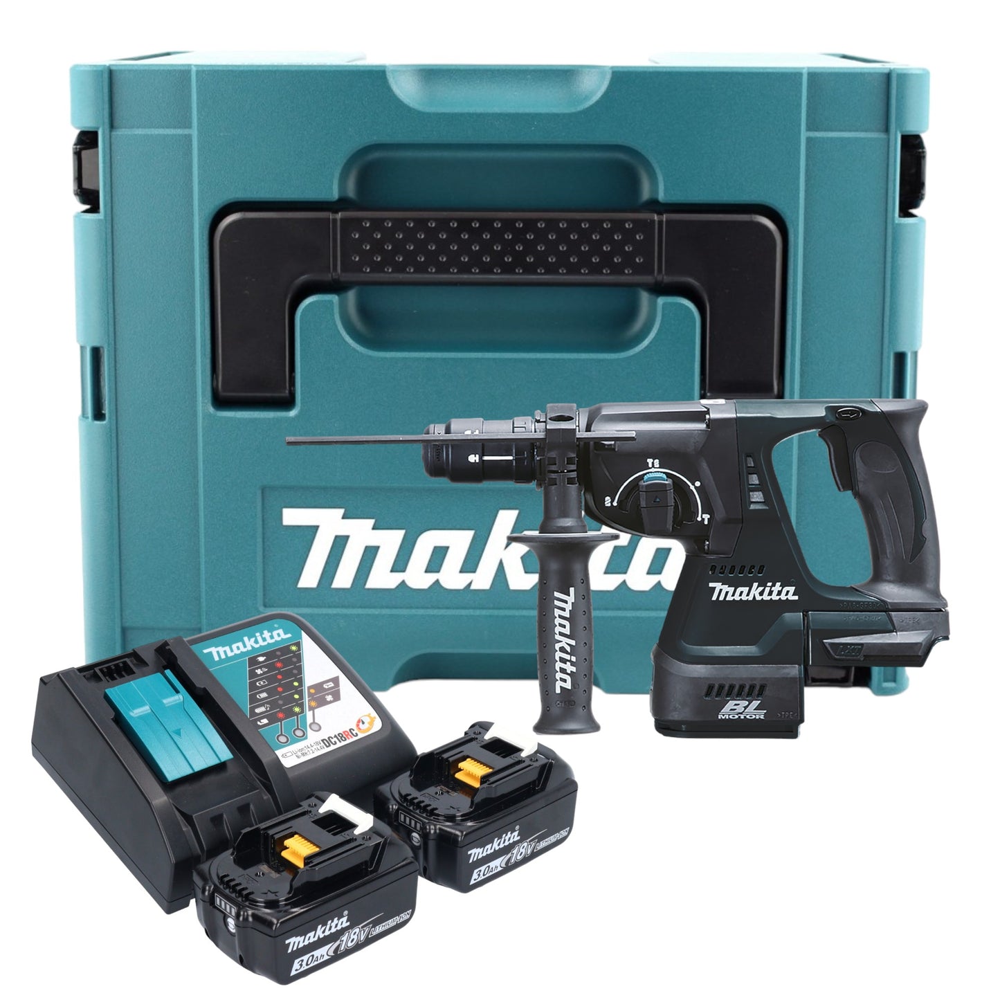 Makita DHR 243 RFJ B marteau combiné à batterie 18 V 2,0 J SDS-Plus noir + 2x batteries 3,0 Ah + chargeur + mandrin à changement rapide + Makpac