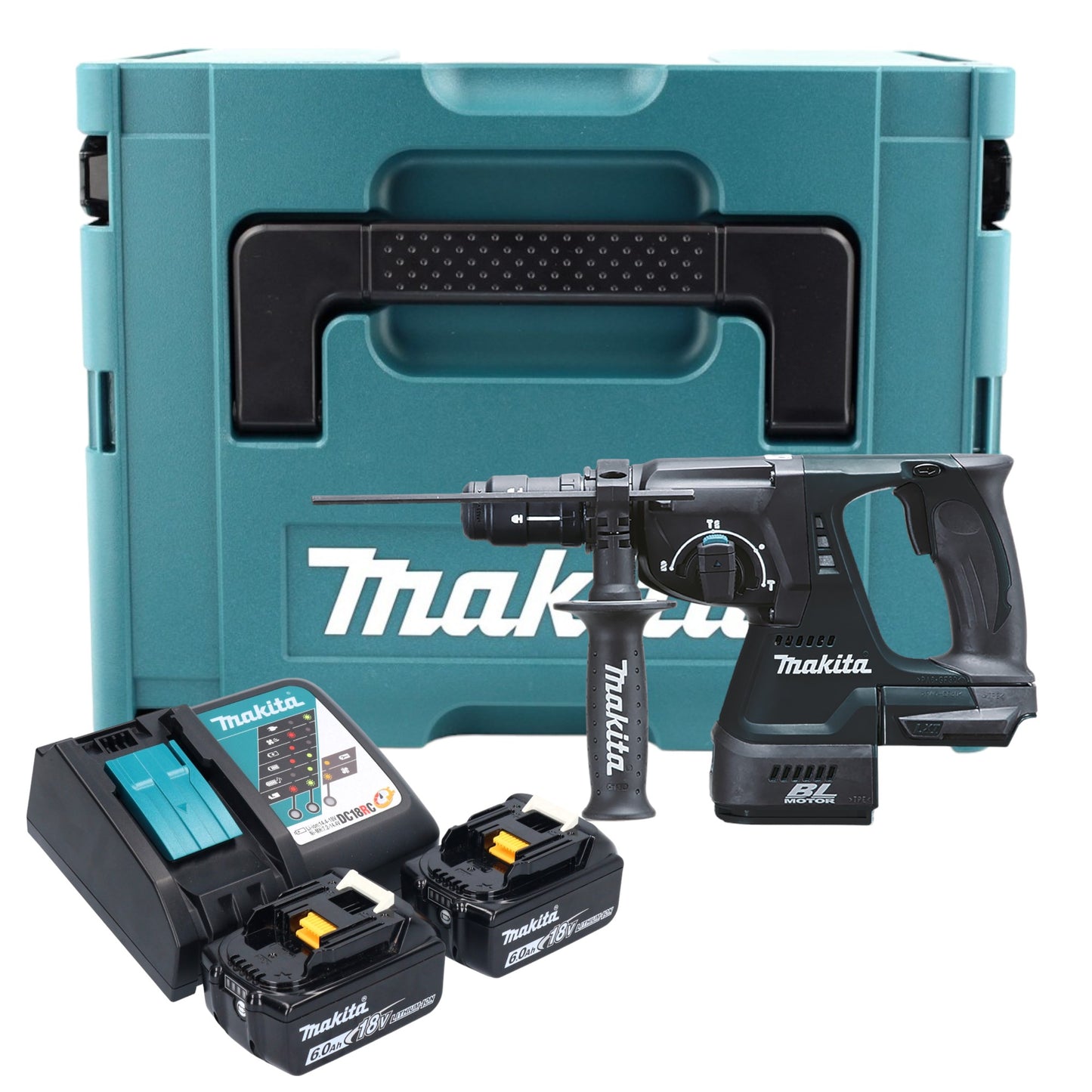 Makita DHR 243 RGJ B Akku Kombihammer 18 V 2,0 J SDS-Plus schwarz + 2x Akku 6,0 Ah + Ladegerät + Schnellwechselfutter + Makpac