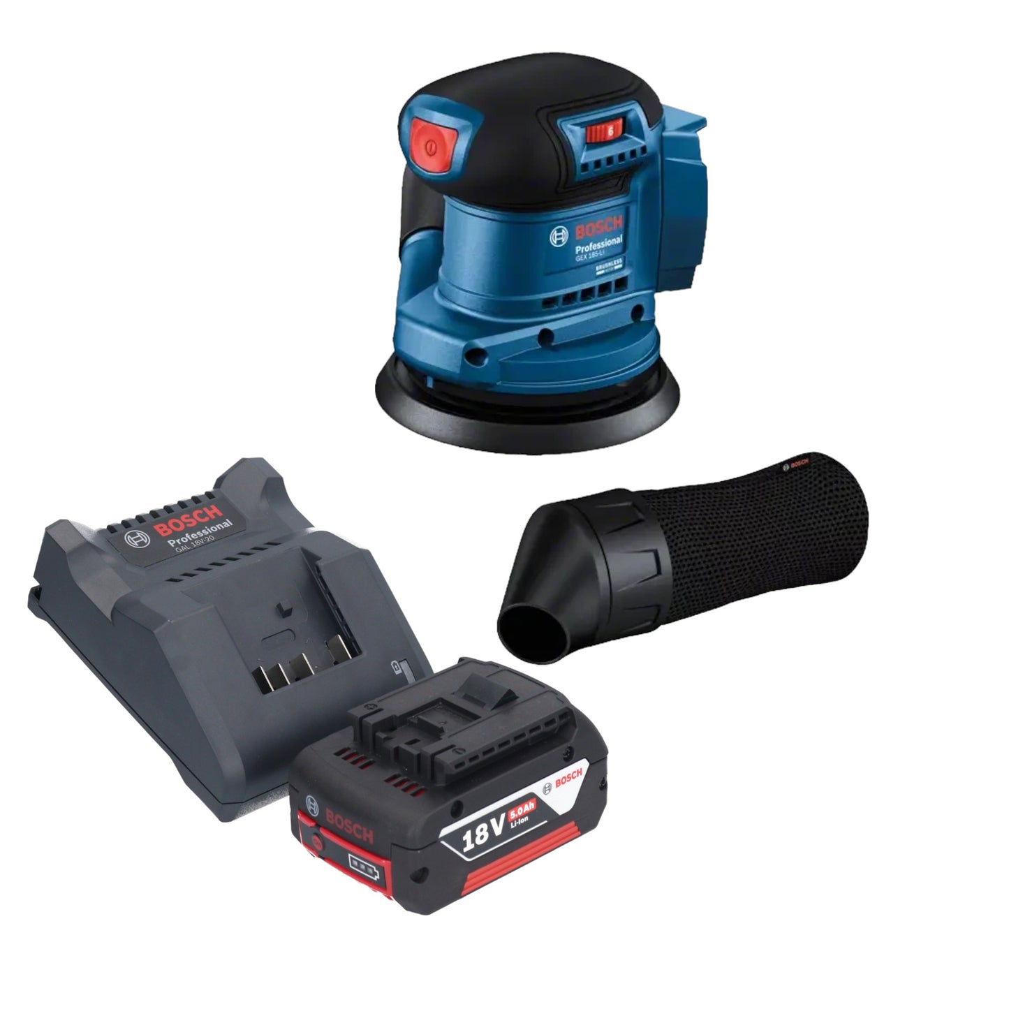 Bosch GEX 185-LI Professional Akku Exzenterschleifer 18 V 125 mm Brushless + 1x Akku 5,0 Ah + Ladegerät