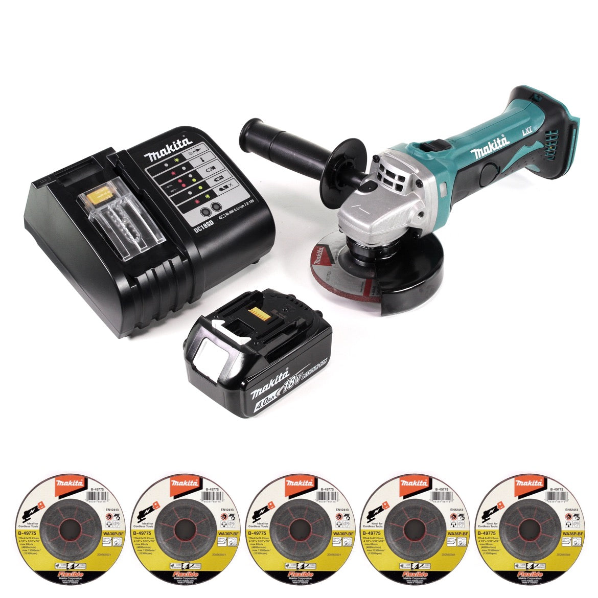 Makita DGA 452 SM1 Akku Winkelschleifer 18 V 115mm + 1x Akku 4,0Ah + Ladegerät + 5x Schleifscheibe - Toolbrothers